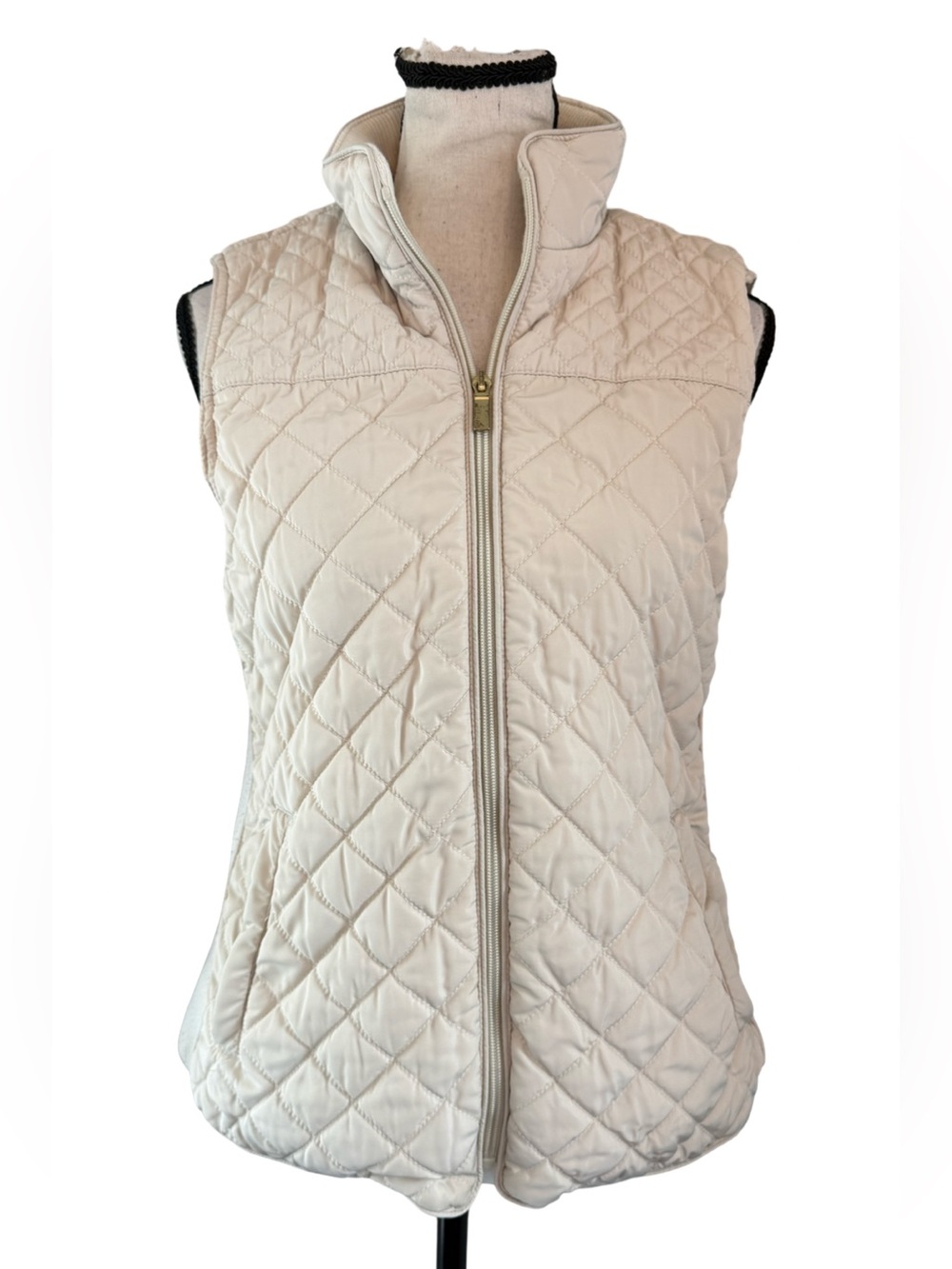 Kenar Quilted Vest Womens Medium Cream Ivory Gold Zip Sleeveless Puffer